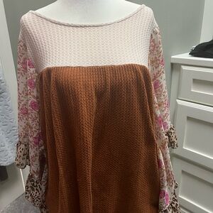 Umgee Textured Blouse with Mixed Prints